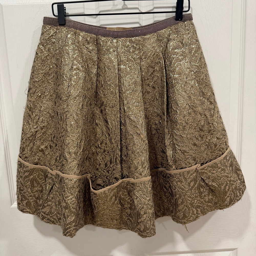 Max‎ Azria Metallic Gold Textured Pleated A-Line Skirt FJA31340 Womens Size 8